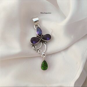 Floral Scroll Amethyst and Peridot Gemstone Silver Handmade Pendant Necklace
